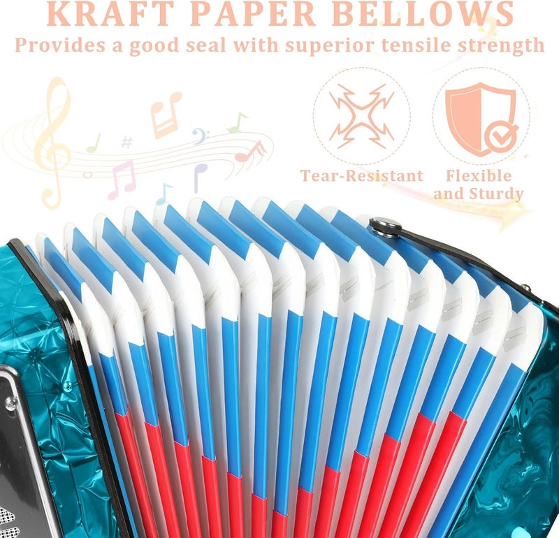LOTKEY 17 Key Piano Accordion, 8 Bass Kids Accordion, Celluloid Body, Metal Cover Accordions Louder Clearer Timbre Than Plastic, Lightweight Design for Children, Beginners to Practice (Azure Blue) - Image 4